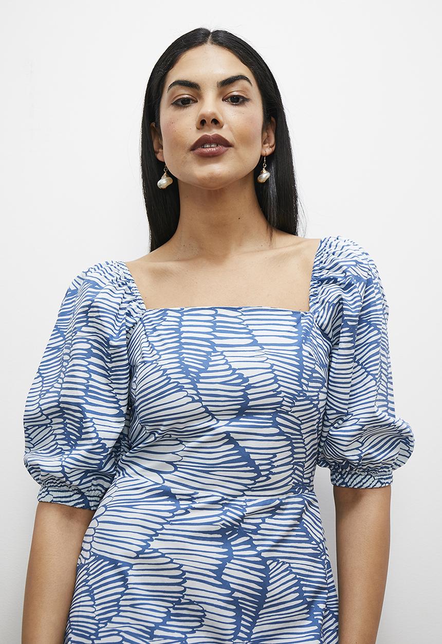 edit - Square neck fit and flare midi dress - blue abstract