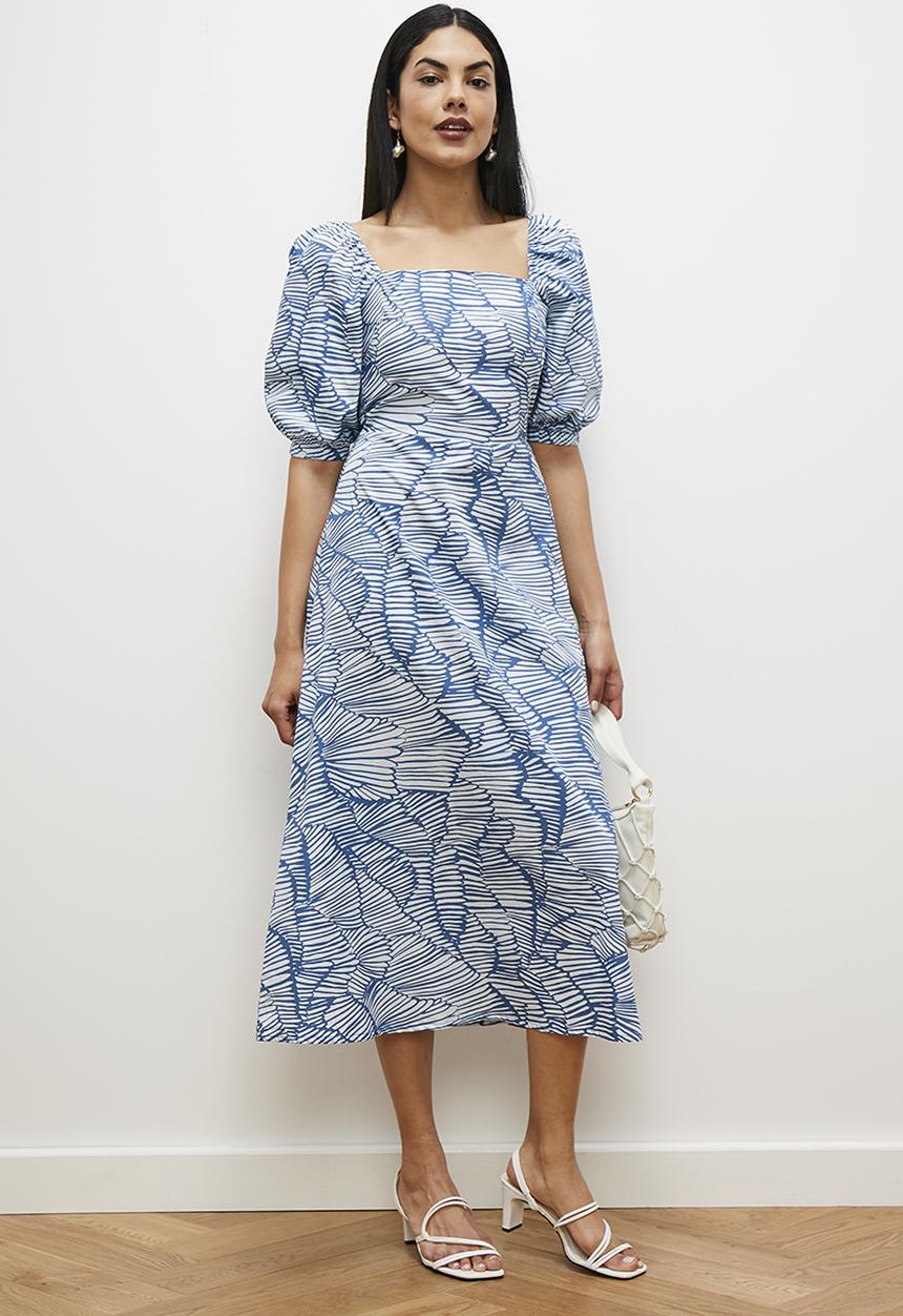 edit - Square neck fit and flare midi dress - blue abstract