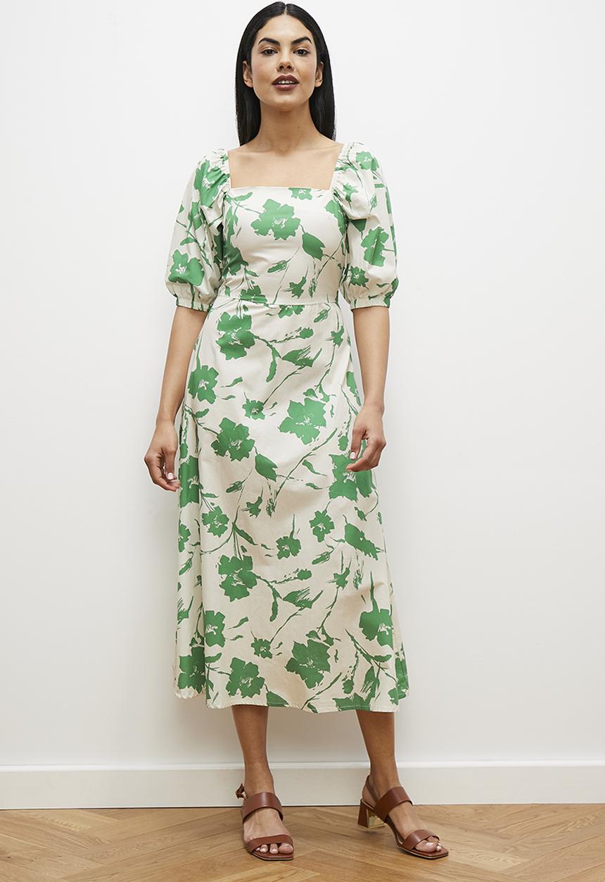 edit - Square neck fit and flare midi dress - green floral