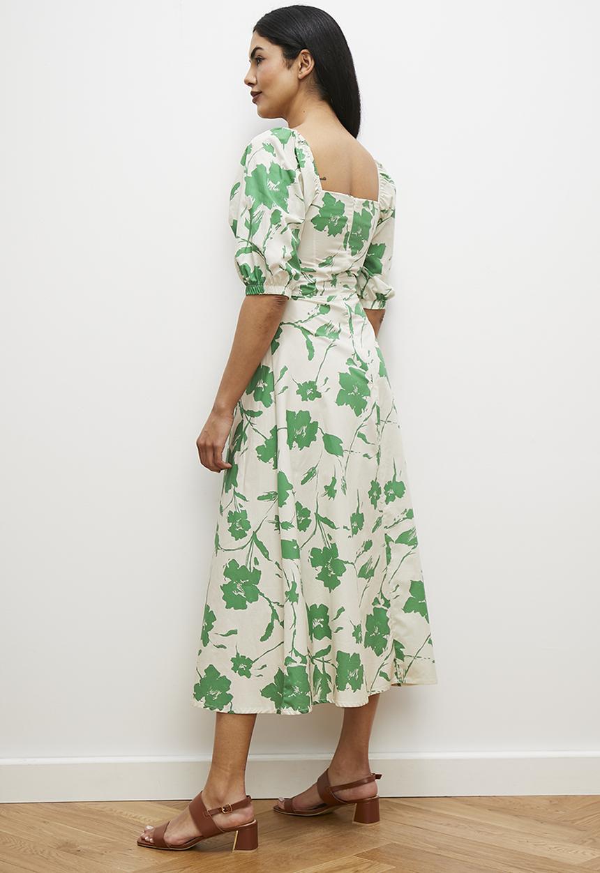edit - Square neck fit and flare midi dress - green floral