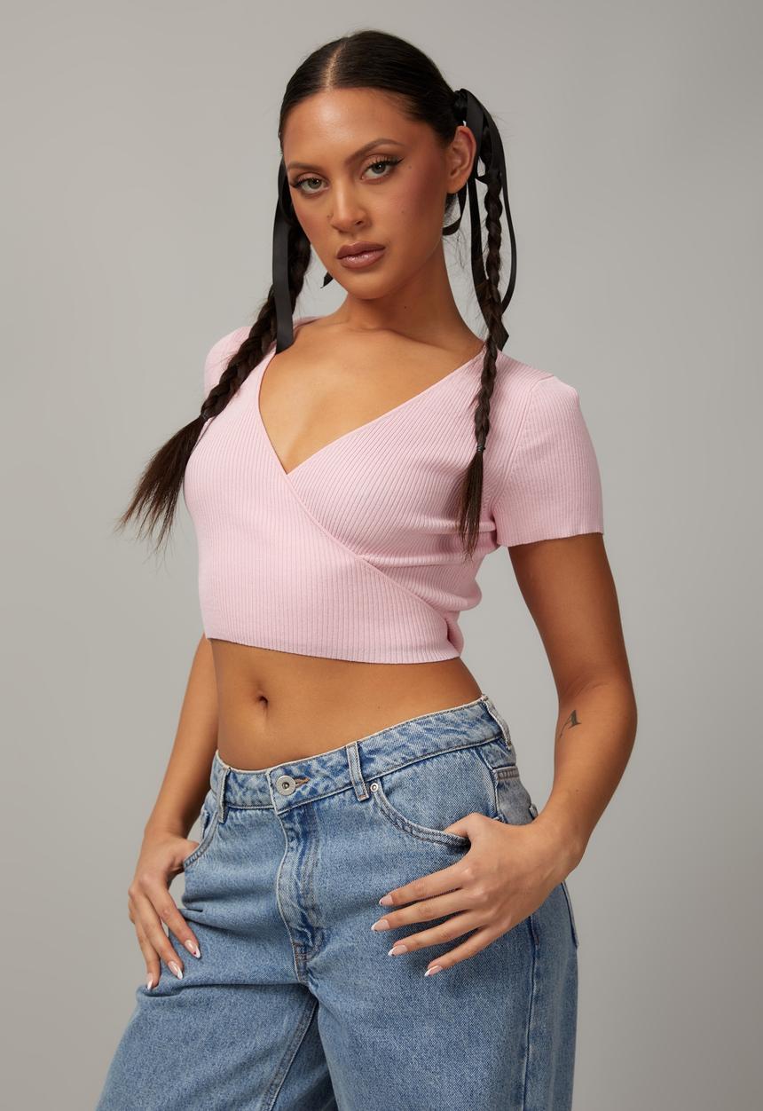 Factorie - Short sleeve knit wrap top - soft pink