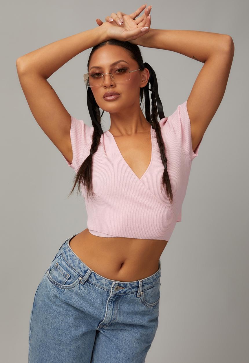 Factorie - Short sleeve knit wrap top - soft pink