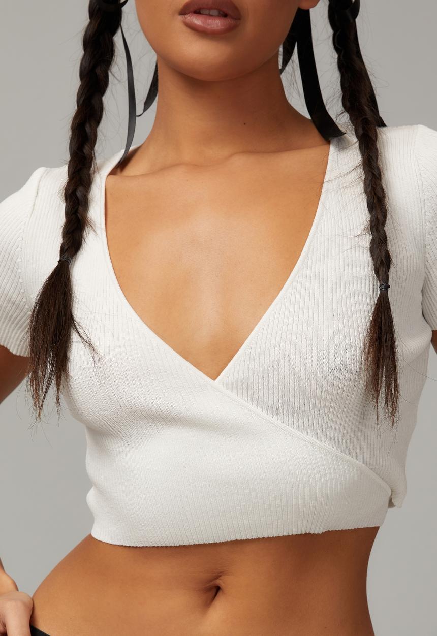 Factorie - Short sleeve knit wrap top - white