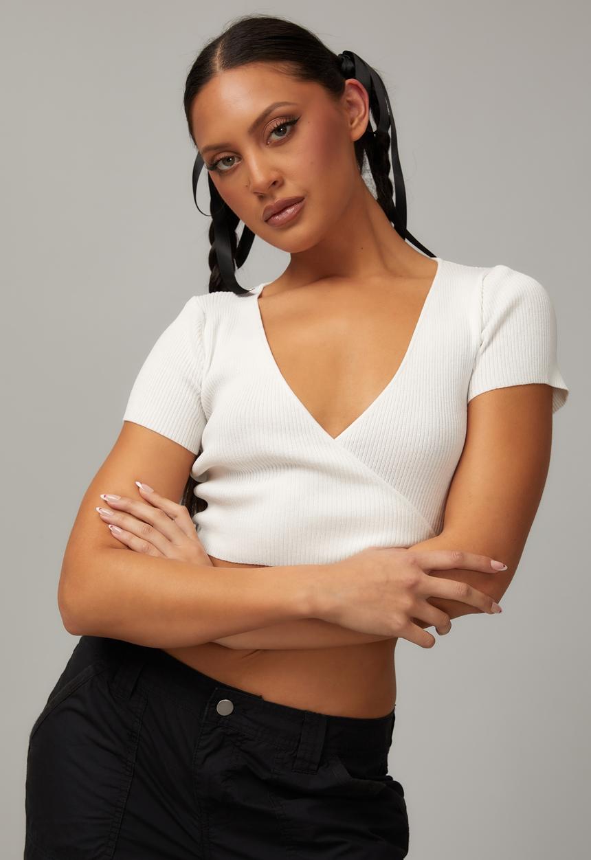 Factorie - Short sleeve knit wrap top - white