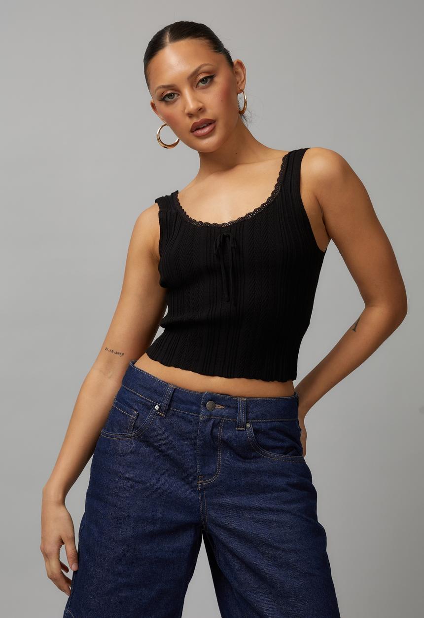 Factorie - Lace trim knit tank - black