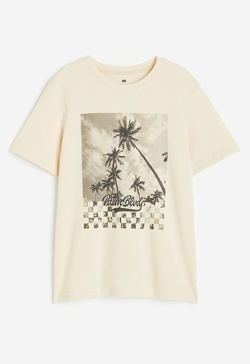 H&M - Printed cotton T-shirt - light beige palm blvd