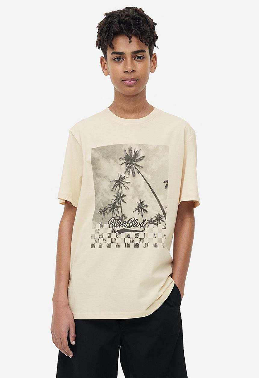 H&M - Printed cotton T-shirt - light beige palm blvd
