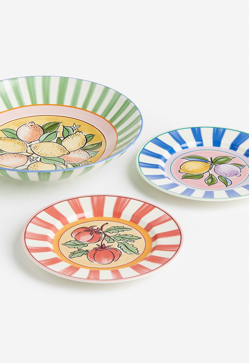 H&M - Porcelain serving bowl -  green/striped 