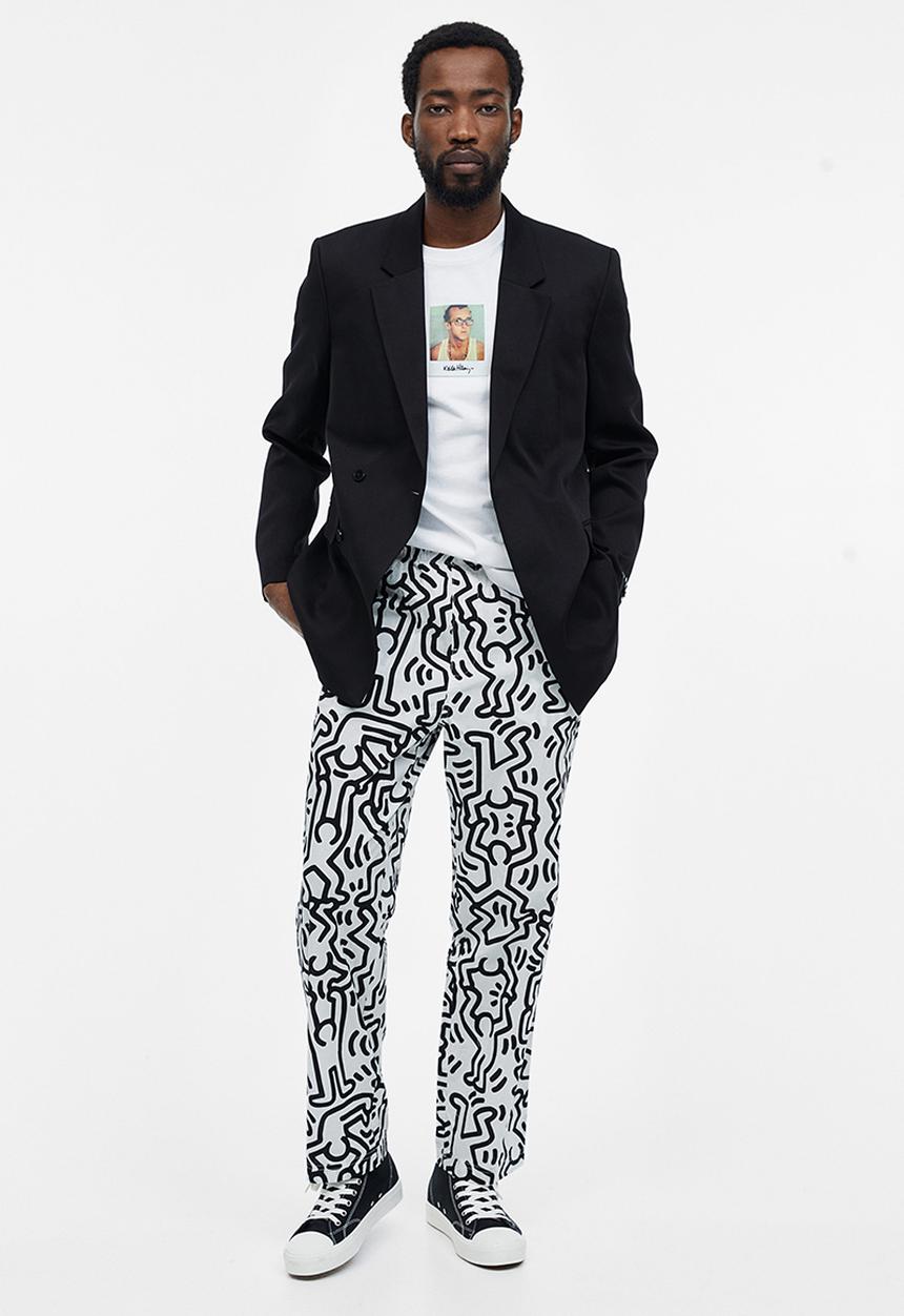 H&M - Relaxed fit patterned cotton trousers - white & black