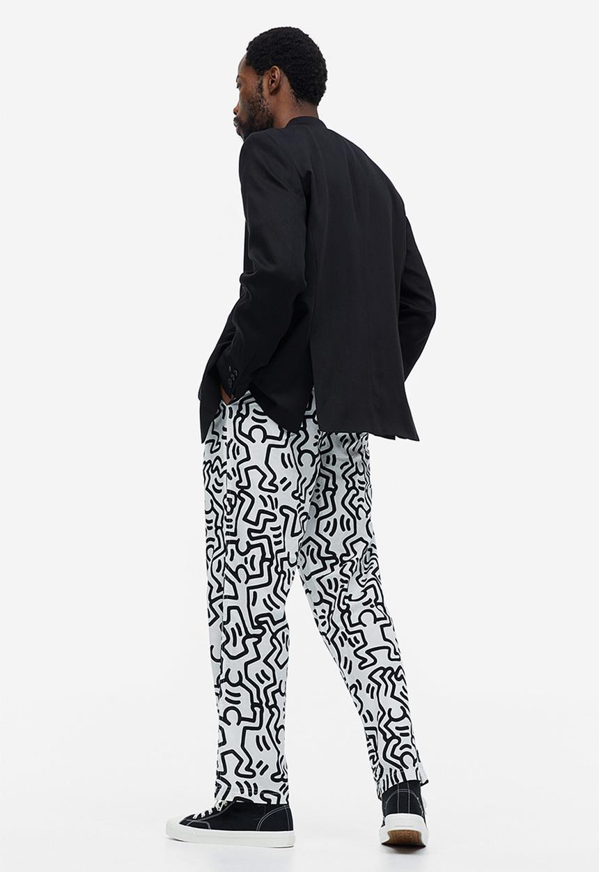 H&M - Relaxed fit patterned cotton trousers - white & black