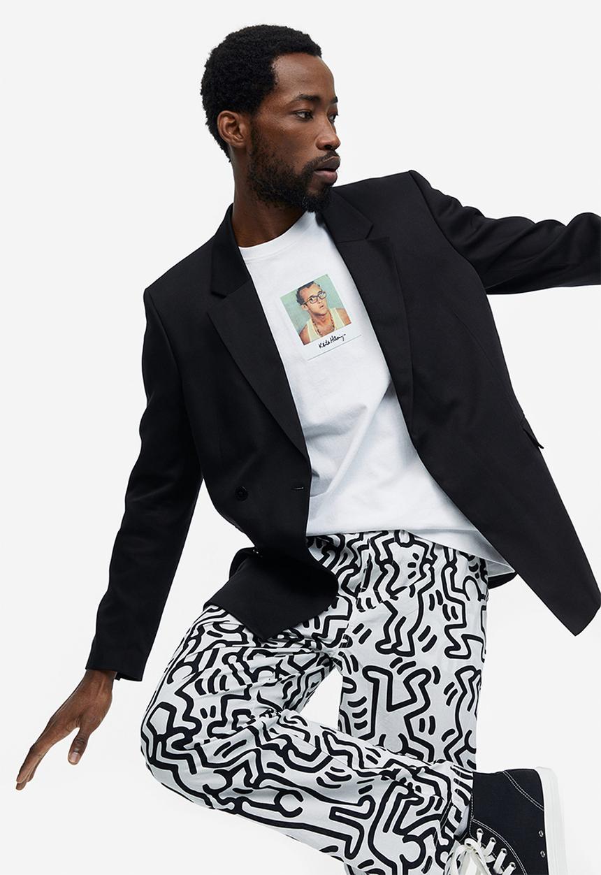 H&M - Relaxed fit patterned cotton trousers - white & black