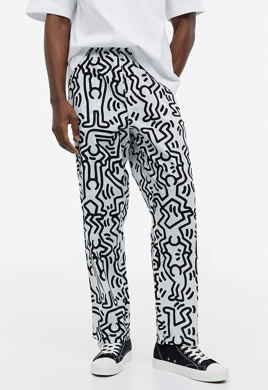 H&M - Relaxed fit patterned cotton trousers - white & black