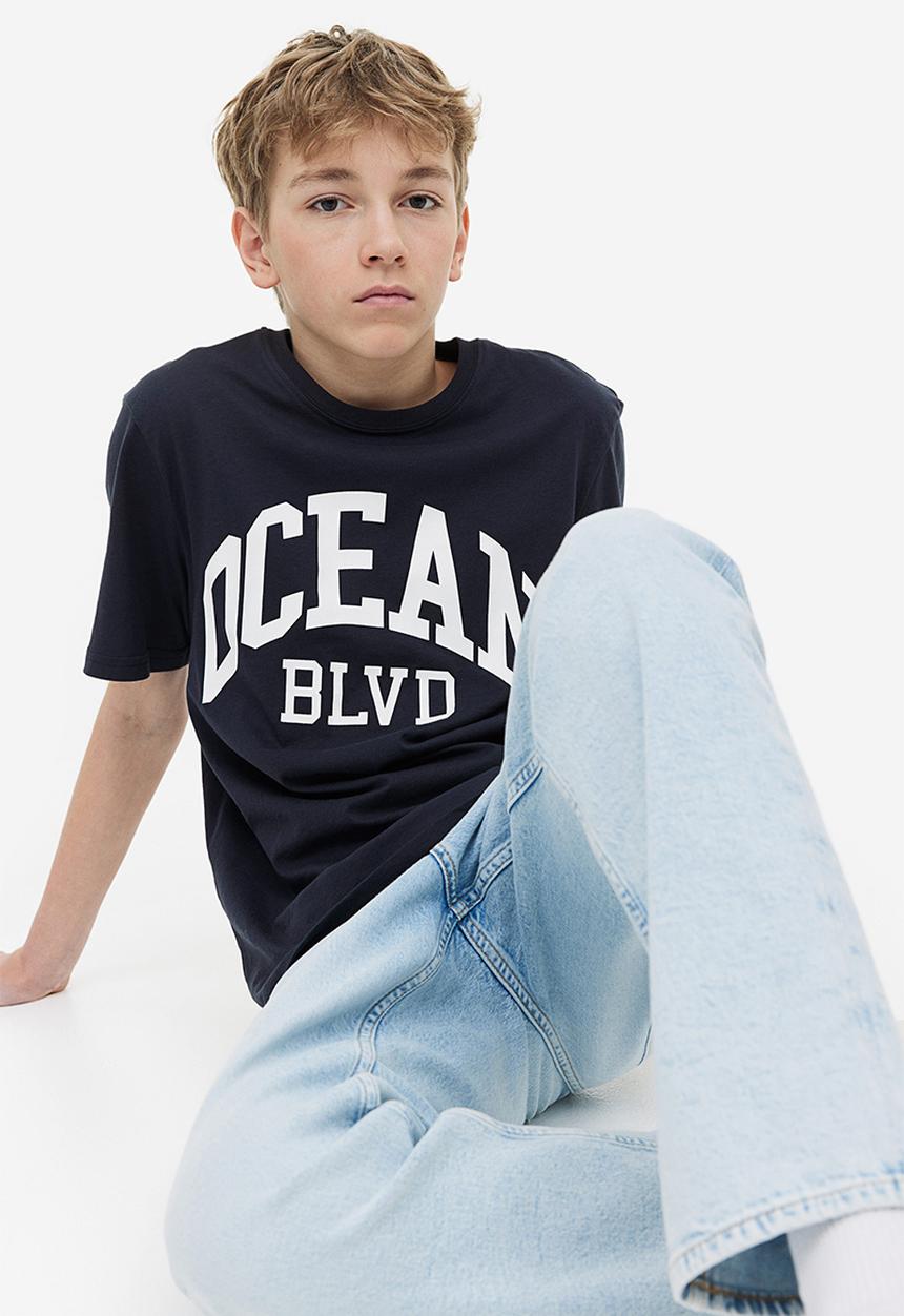 H&M - Printed cotton T-shirt - dark blue ocean blvd 