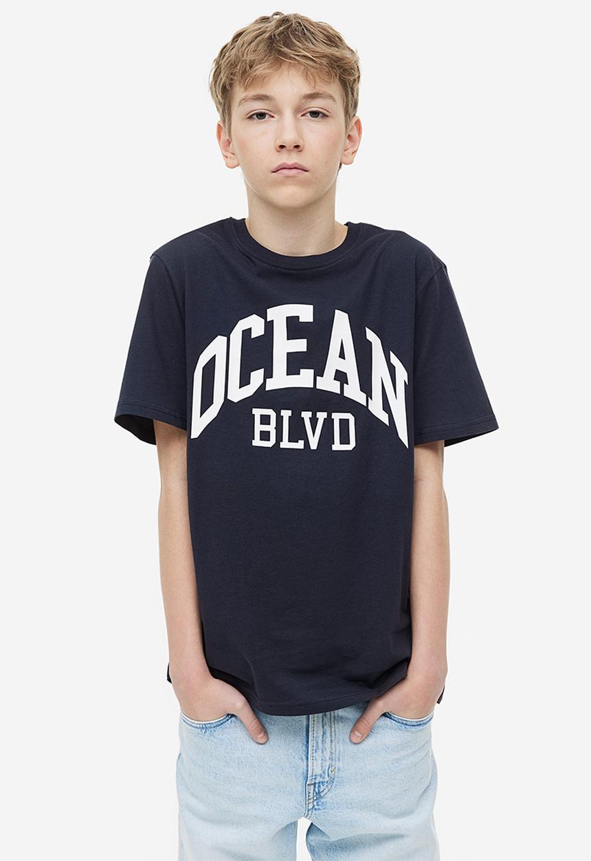 H&M - Printed cotton T-shirt - dark blue ocean blvd 