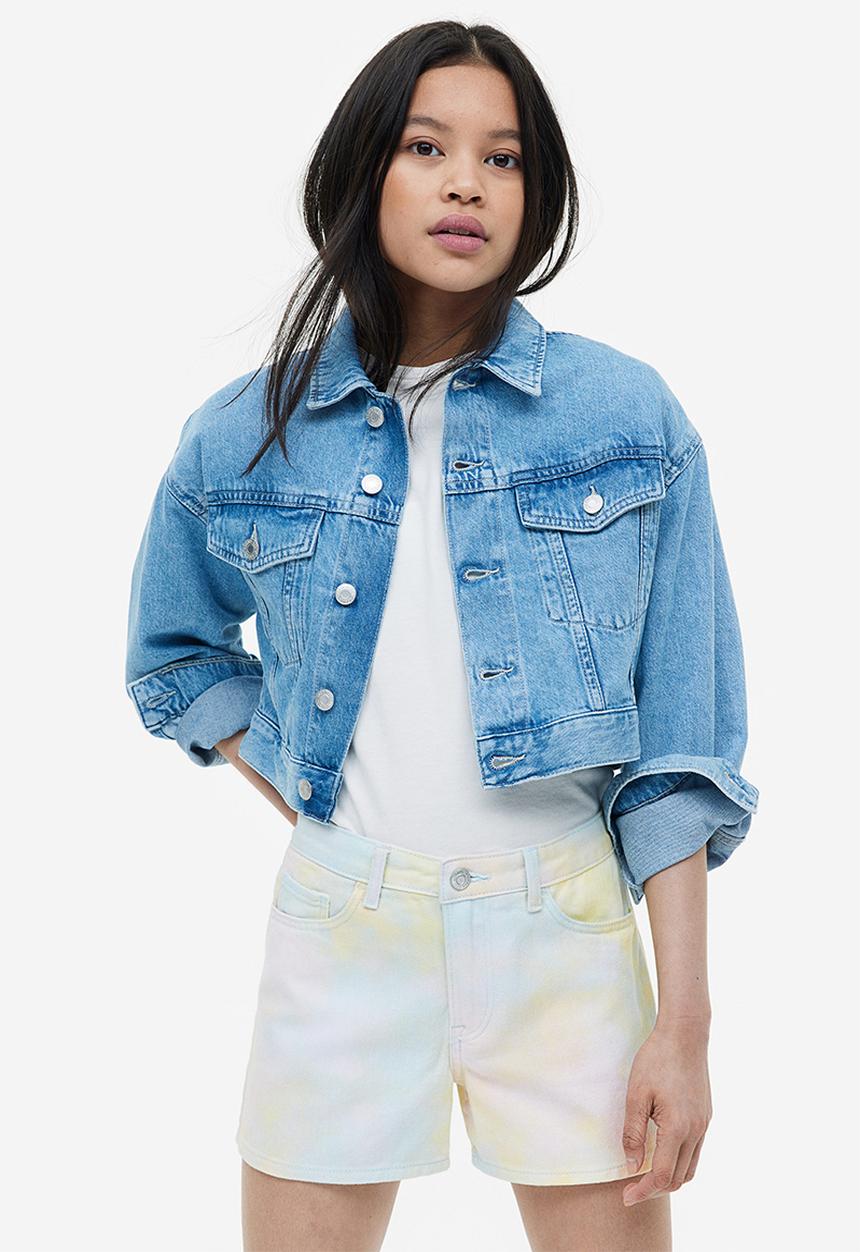 H&M - Relaxed fit high shorts - light yellow light blue 