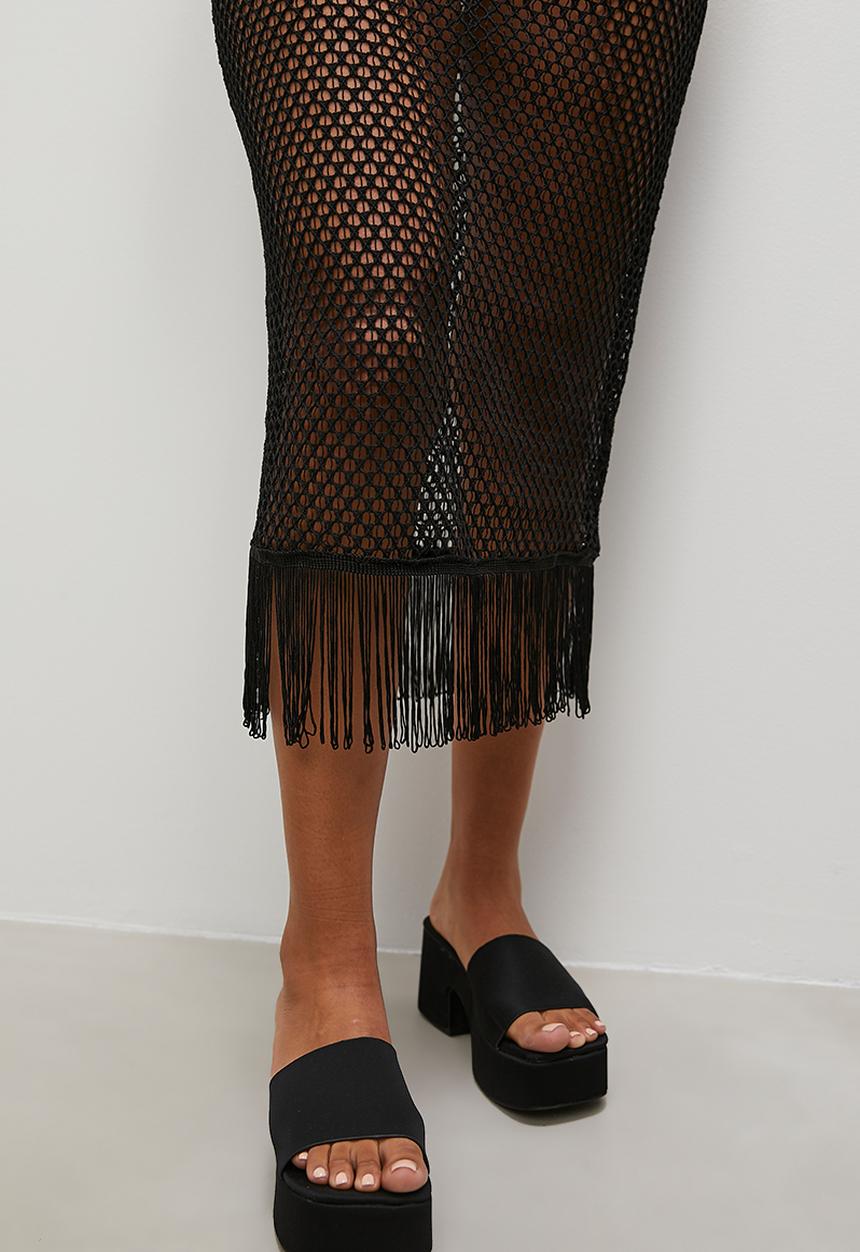 Superbalist - Crochet cutaway fringed dress - black