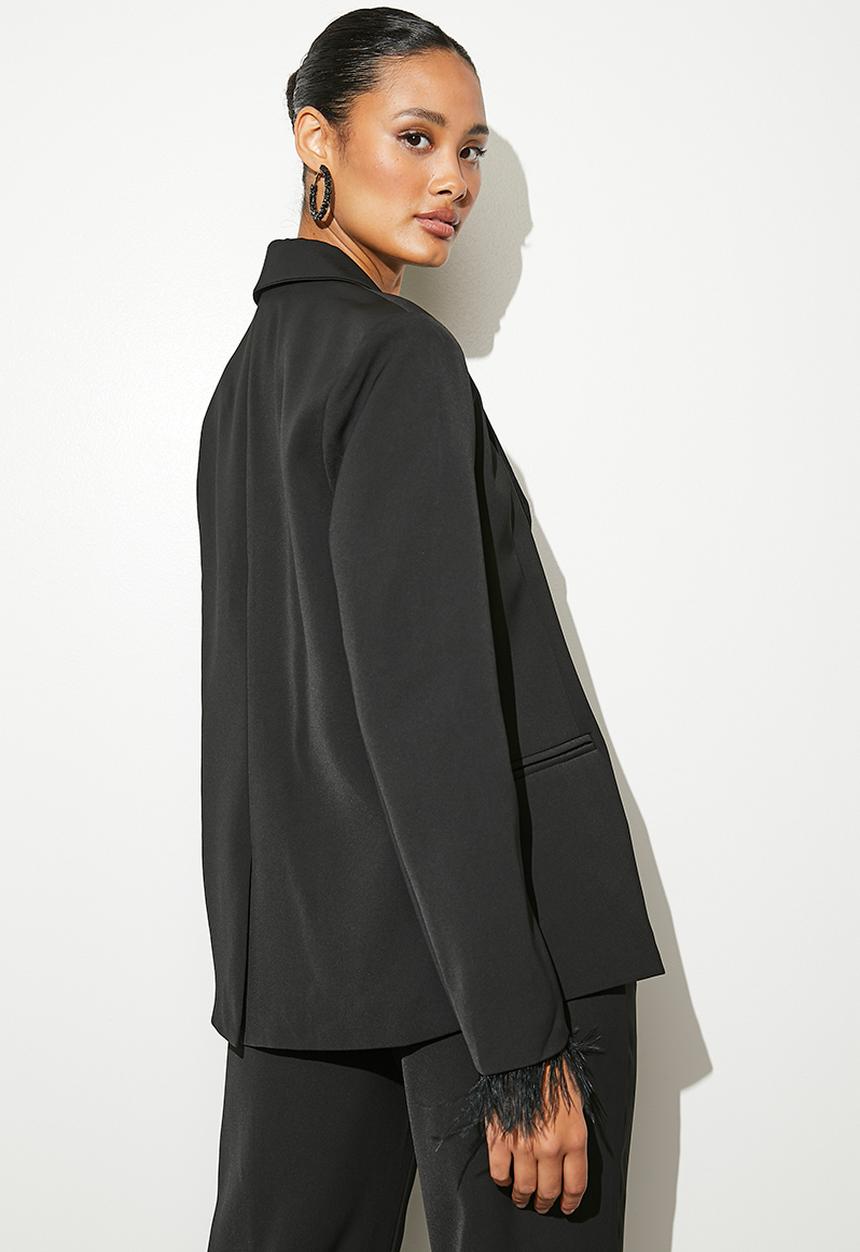 VELVET - Co-ord feather trim blazer - black