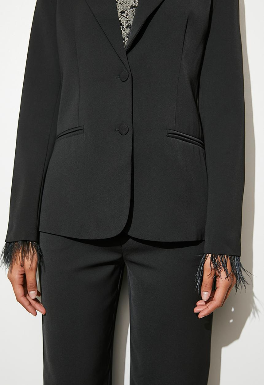 VELVET - Co-ord feather trim blazer - black