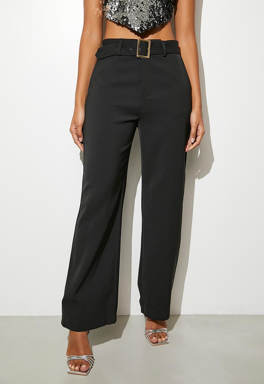 VELVET - Smart belted tapered trouser - black