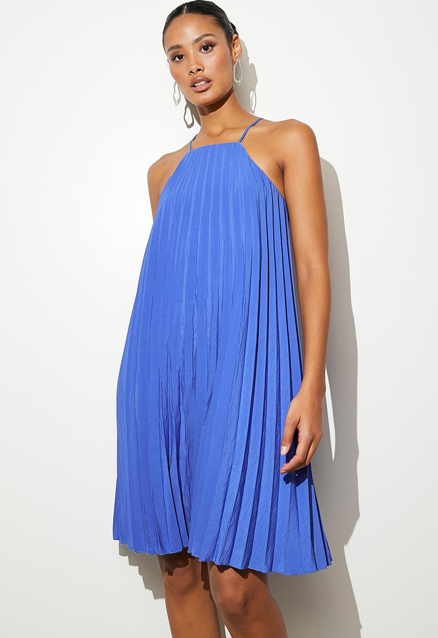 VELVET - Mini pleated trapeze dress - cobalt