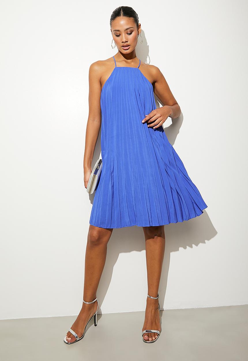 VELVET - Mini pleated trapeze dress - cobalt