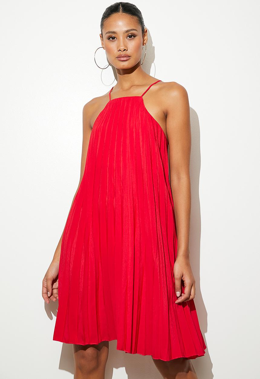 VELVET - Mini pleated trapeze dress - red