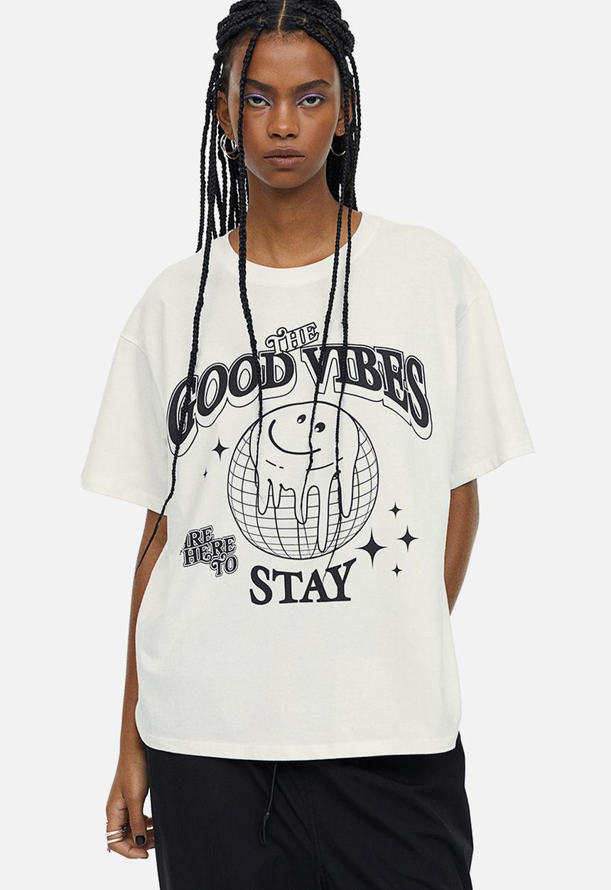 H&M - Oversized printed t-shirt - cream good vibes