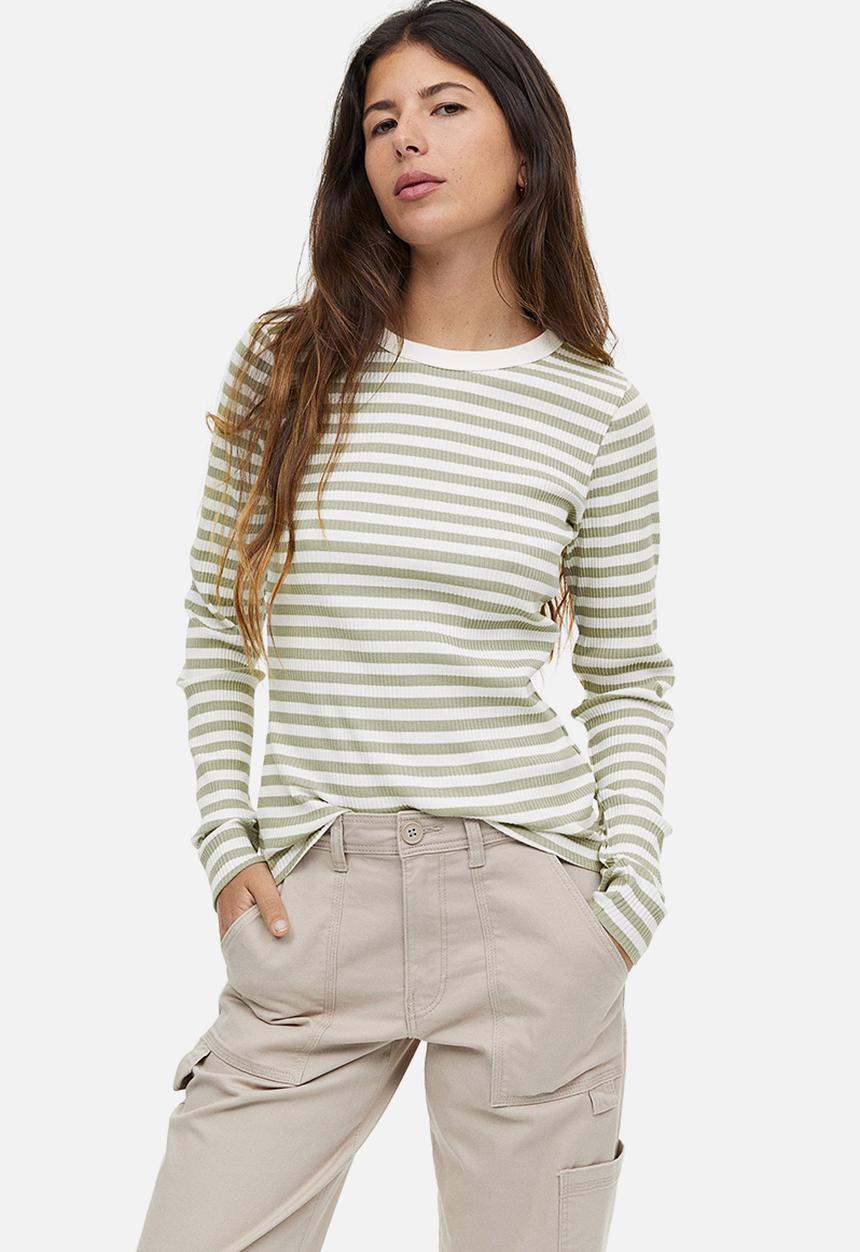 H&M - Ribbed top - khaki green striped
