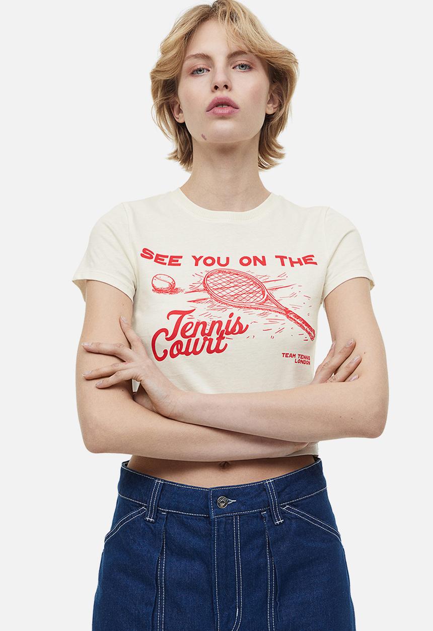 H&M - Printed cropped top - cream tennis