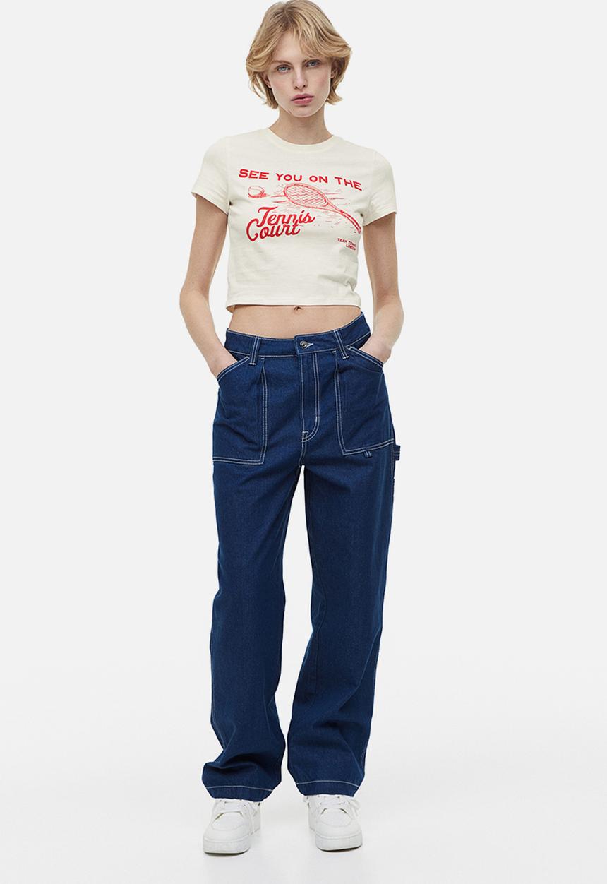 H&M - Printed cropped top - cream tennis