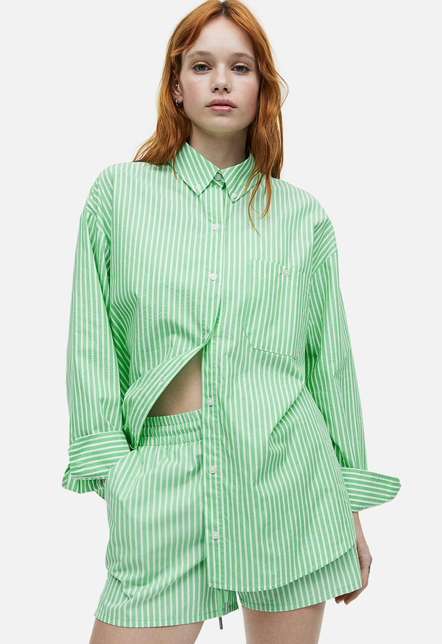 H&M - Oversized poplin shirt - green & white striped