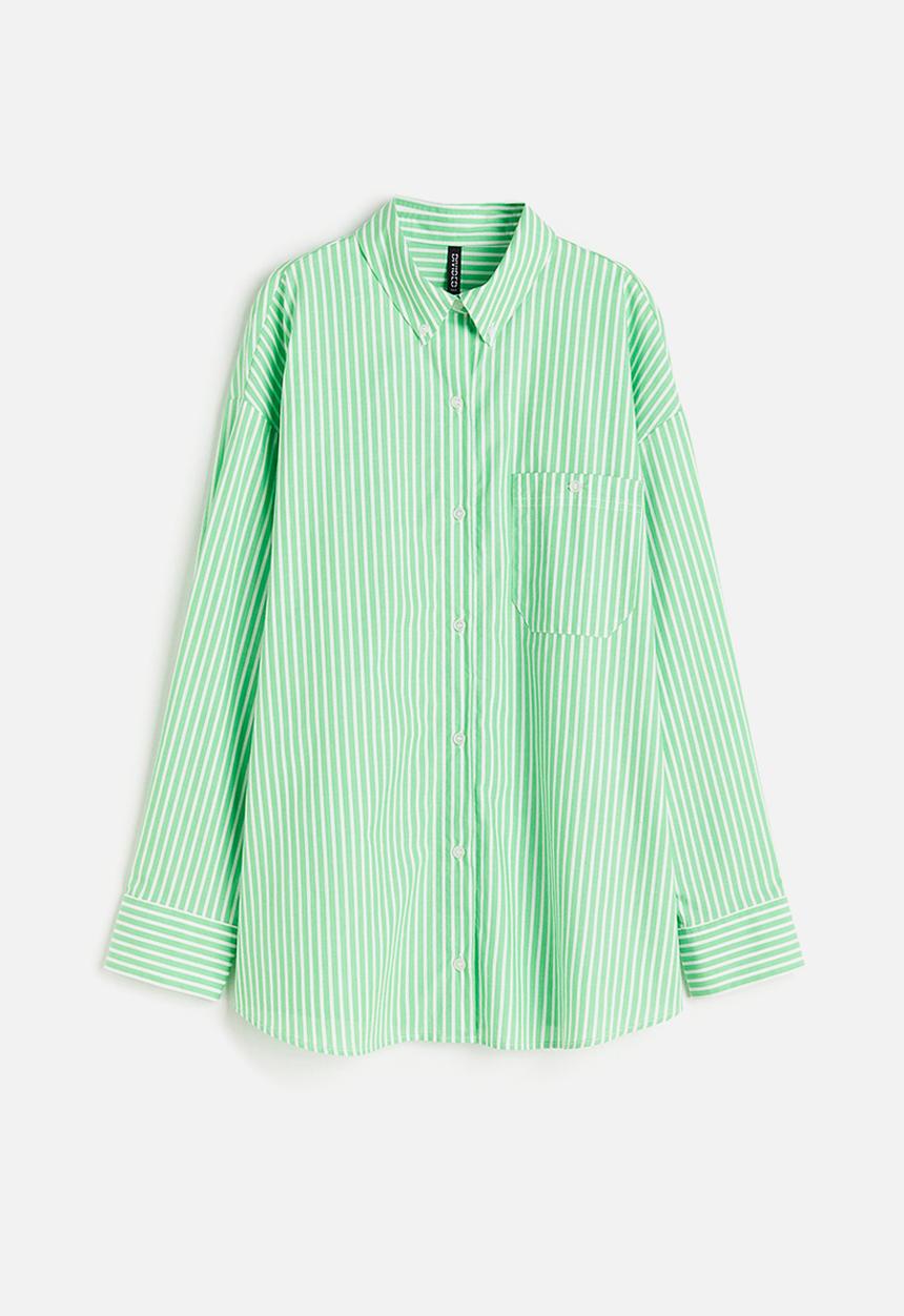 H&M - Oversized poplin shirt - green & white striped