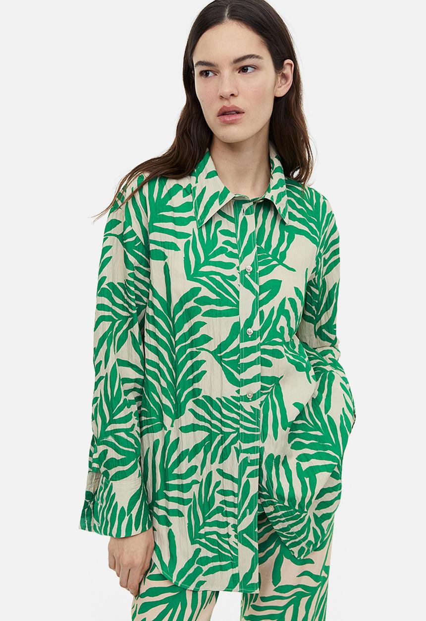 H&M - Crinkled chiffon shirt - light beige leaf patterned