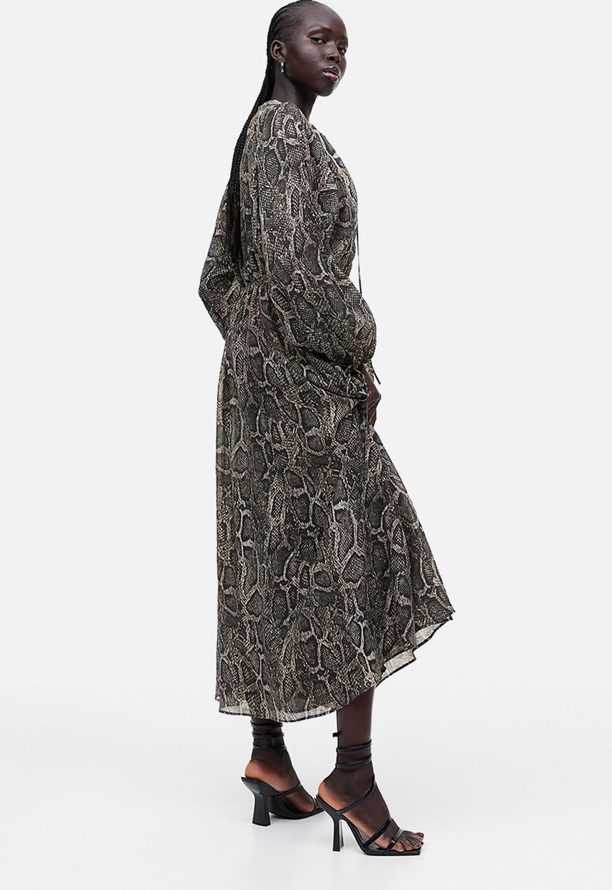 H&M - Tie-detail lyocell-blend dress - dark brown/snakeskin-patterned