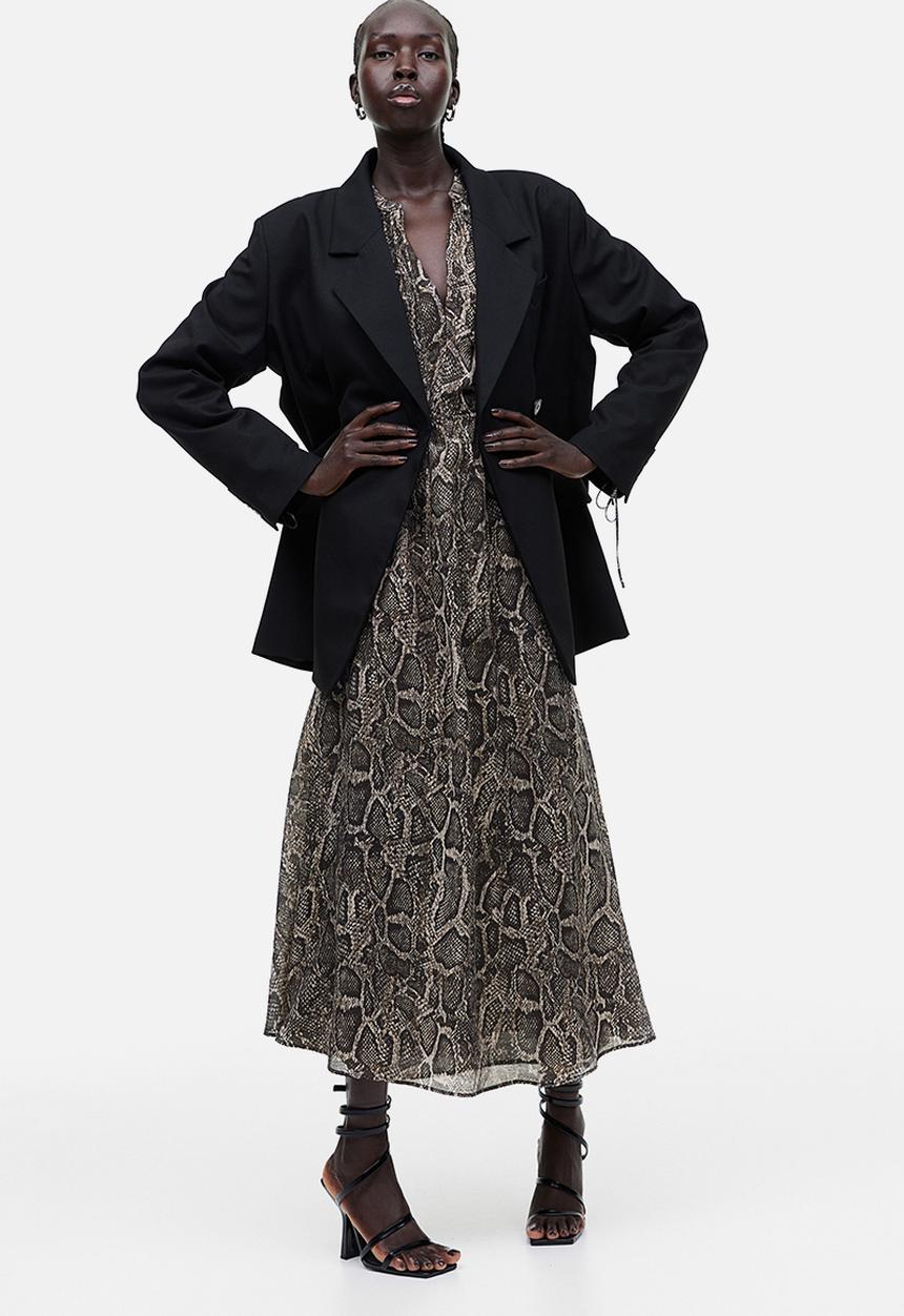 H&M - Tie-detail lyocell-blend dress - dark brown/snakeskin-patterned