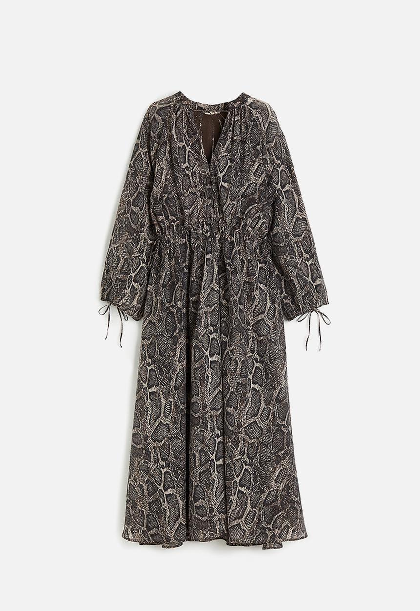 H&M - Tie-detail lyocell-blend dress - dark brown/snakeskin-patterned