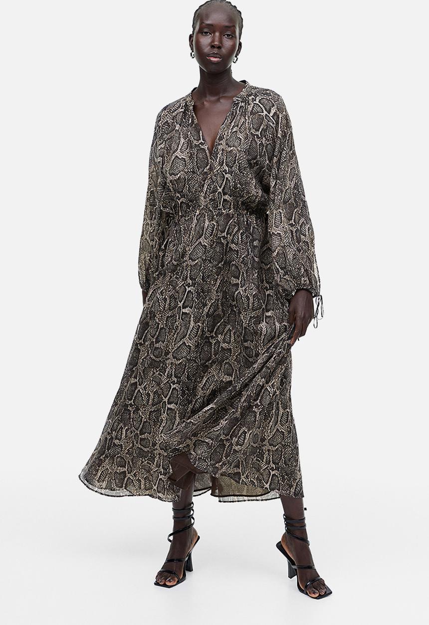 H&M - Tie-detail lyocell-blend dress - dark brown/snakeskin-patterned