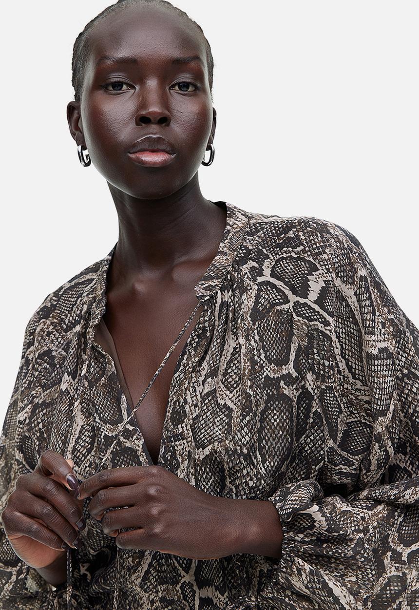 H&M - Tie-detail lyocell-blend dress - dark brown/snakeskin-patterned