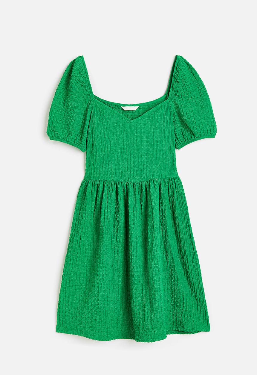 H&M - Puff-sleeved textured jersey dress - green