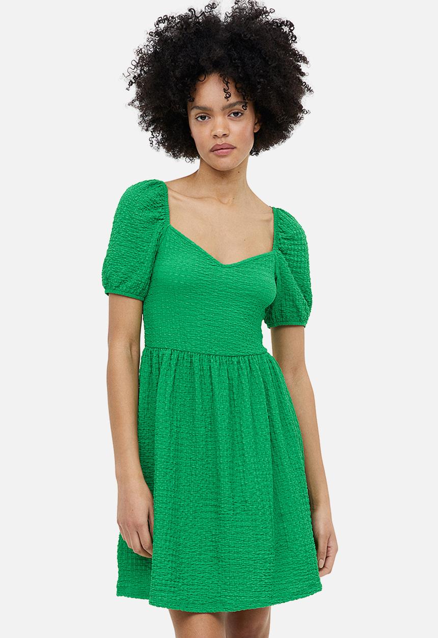 H&M - Puff-sleeved textured jersey dress - green
