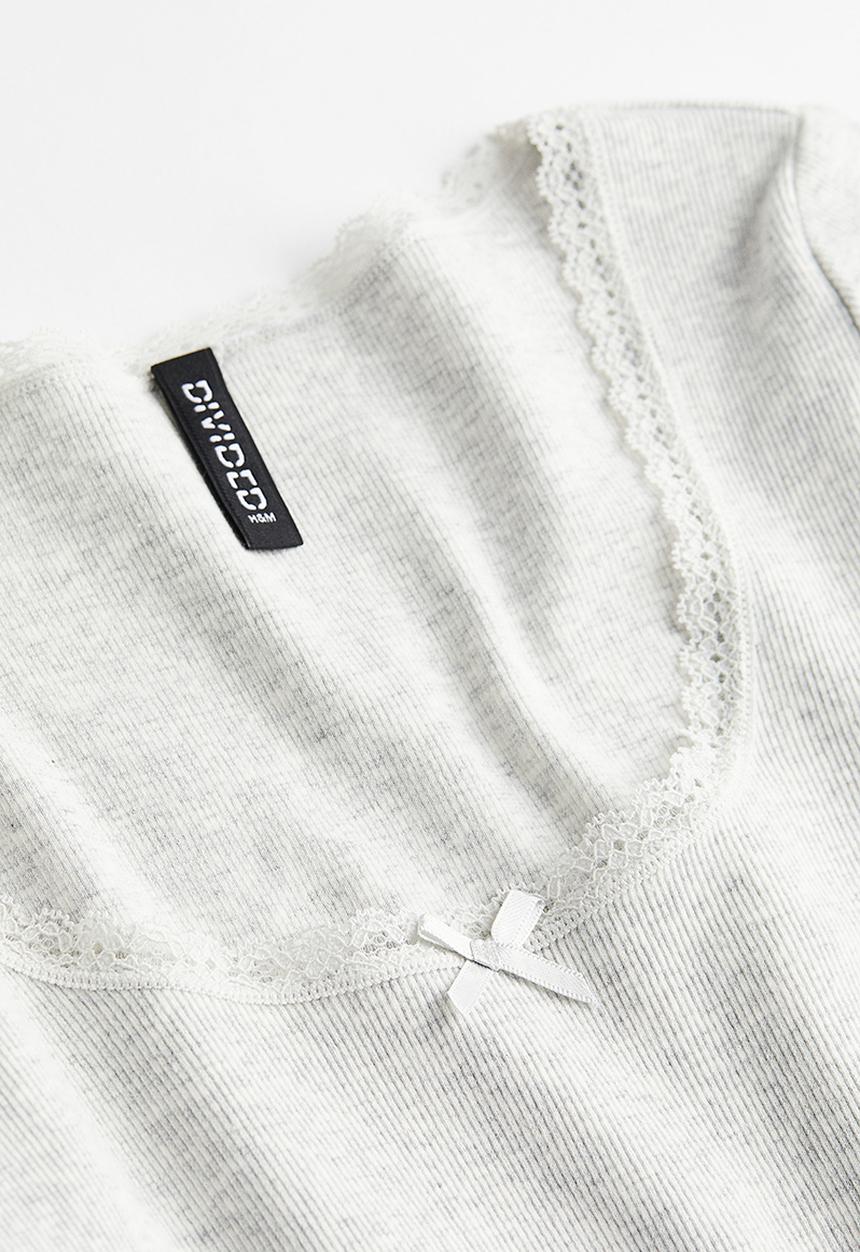 H&M - Lace-trimmed cotton top - light grey marl 