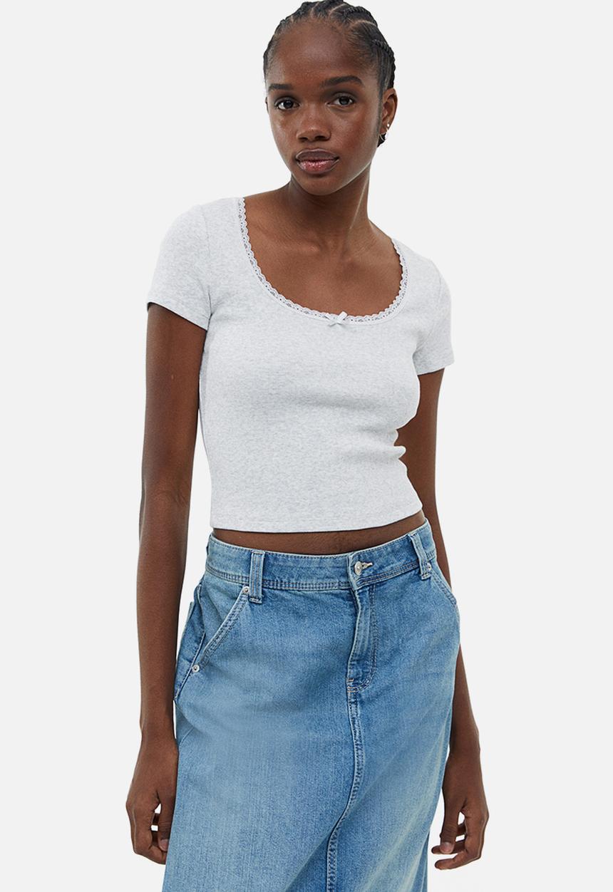 H&M - Lace-trimmed cotton top - light grey marl 