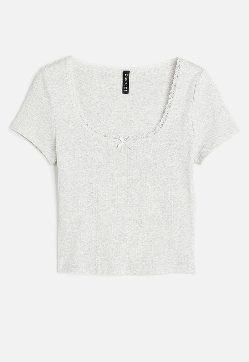 H&M - Lace-trimmed cotton top - light grey marl 