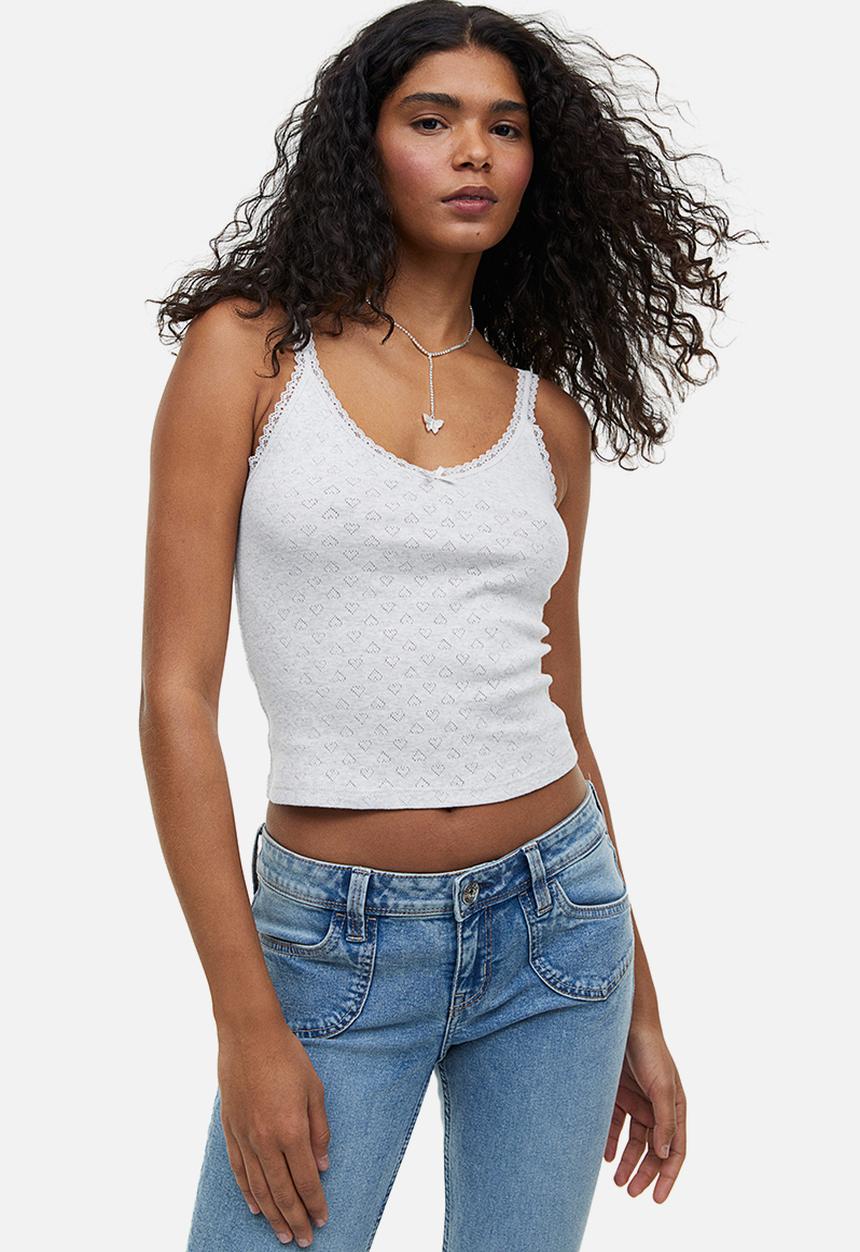 H&M - Lace-trimmed ribbed vest top - light grey marl 
