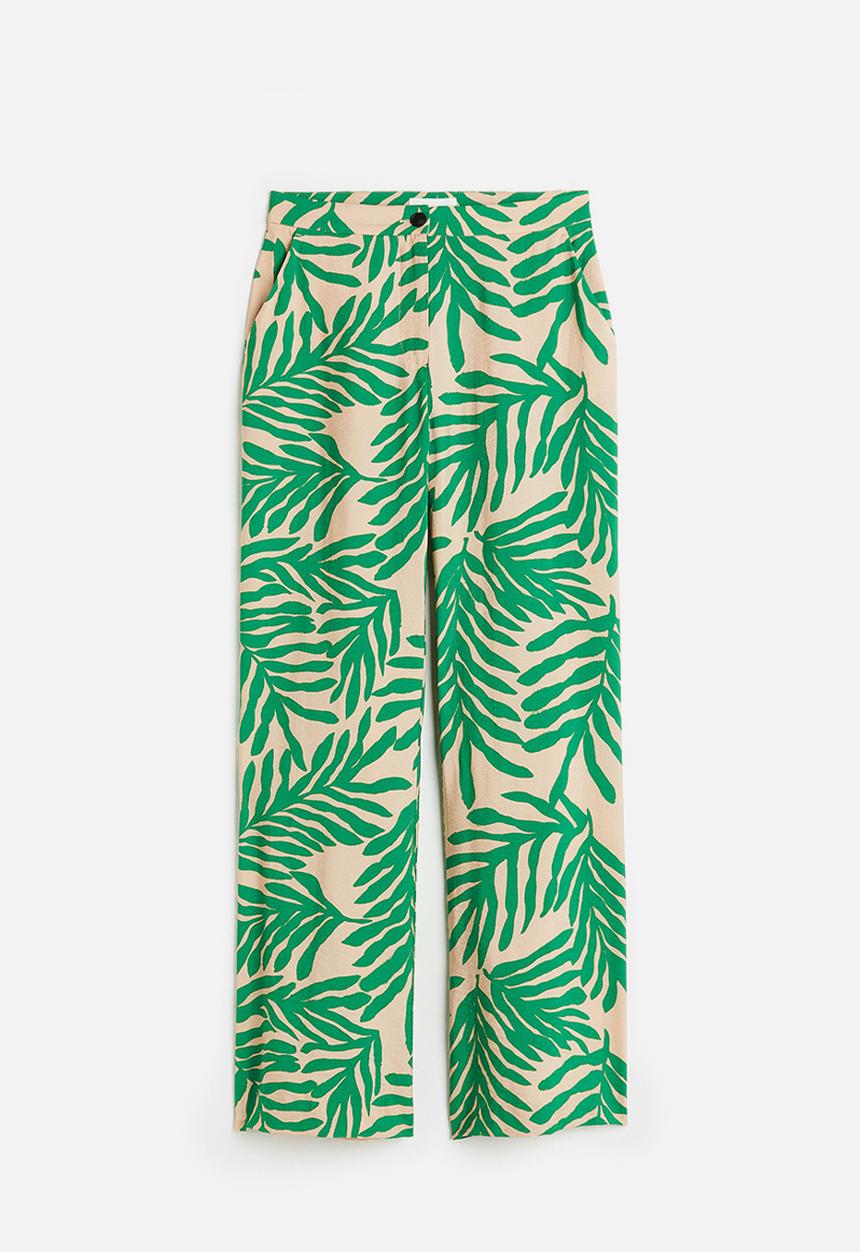H&M - Flared trousers - light beige leaf-patterned 