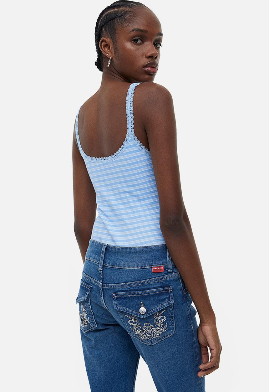 H&M - Lace-trimmed ribbed vest top - light blue striped 
