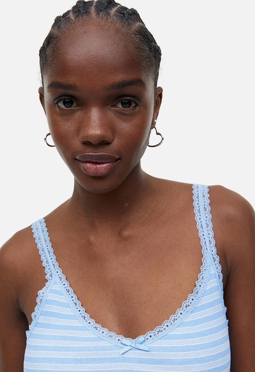 H&M - Lace-trimmed ribbed vest top - light blue striped 