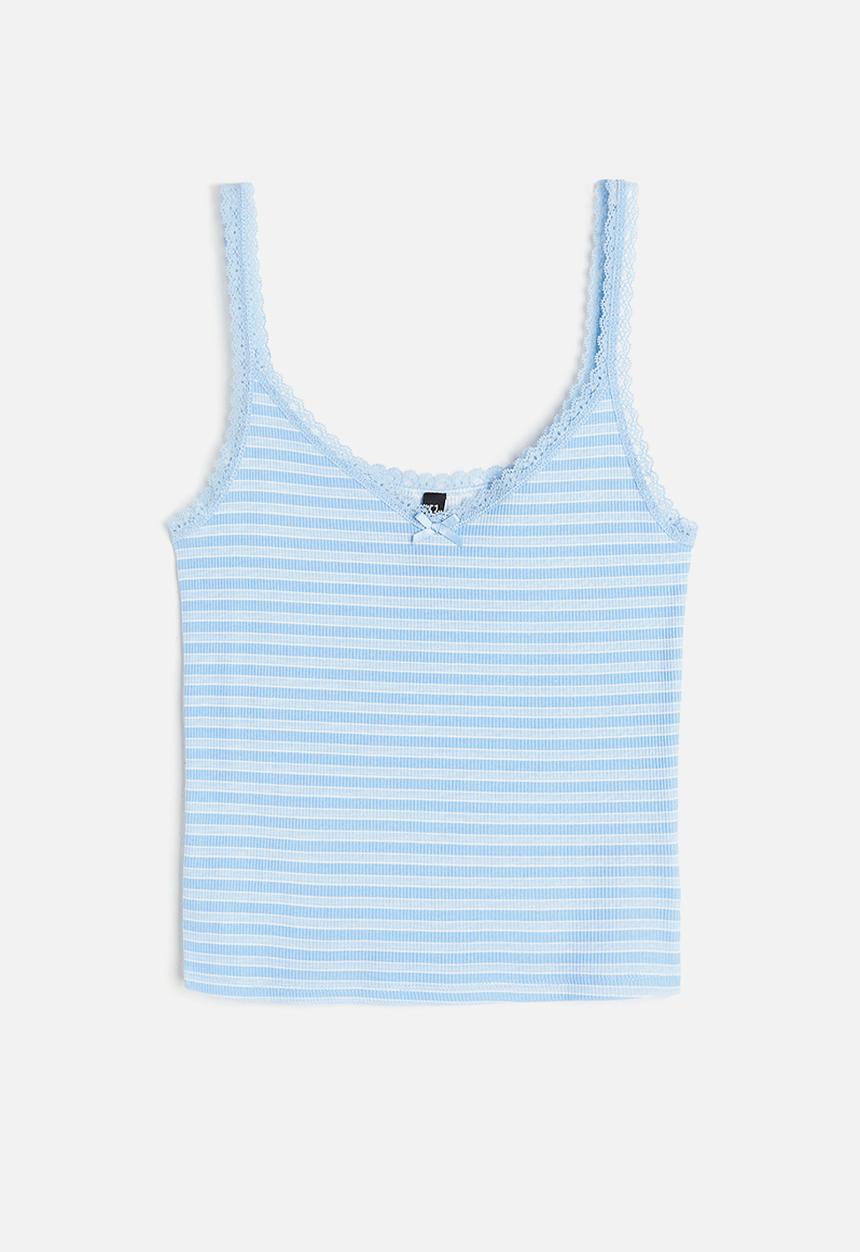 H&M - Lace-trimmed ribbed vest top - light blue striped 