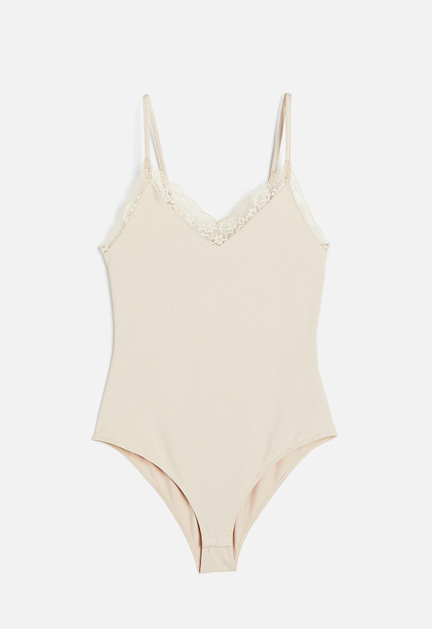 H&M - Lace-trimmed jersey body - light beige