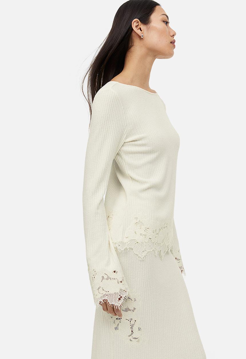 H&M - Lace-trimmed ribbed top - cream 